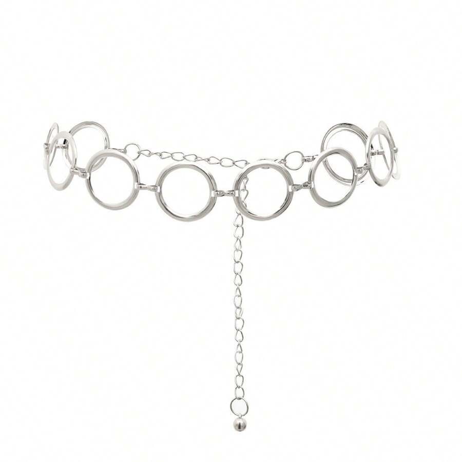 A Women's Silver Metallic Glossy O-Ring Waist Chain, Versatile For Cinching The Waist, Fashionable Retro Chain Belt, Suitable For Pairing With Dresses, Trench Coats, And Jeans For Daily Outings And Parties - Silver - View 1