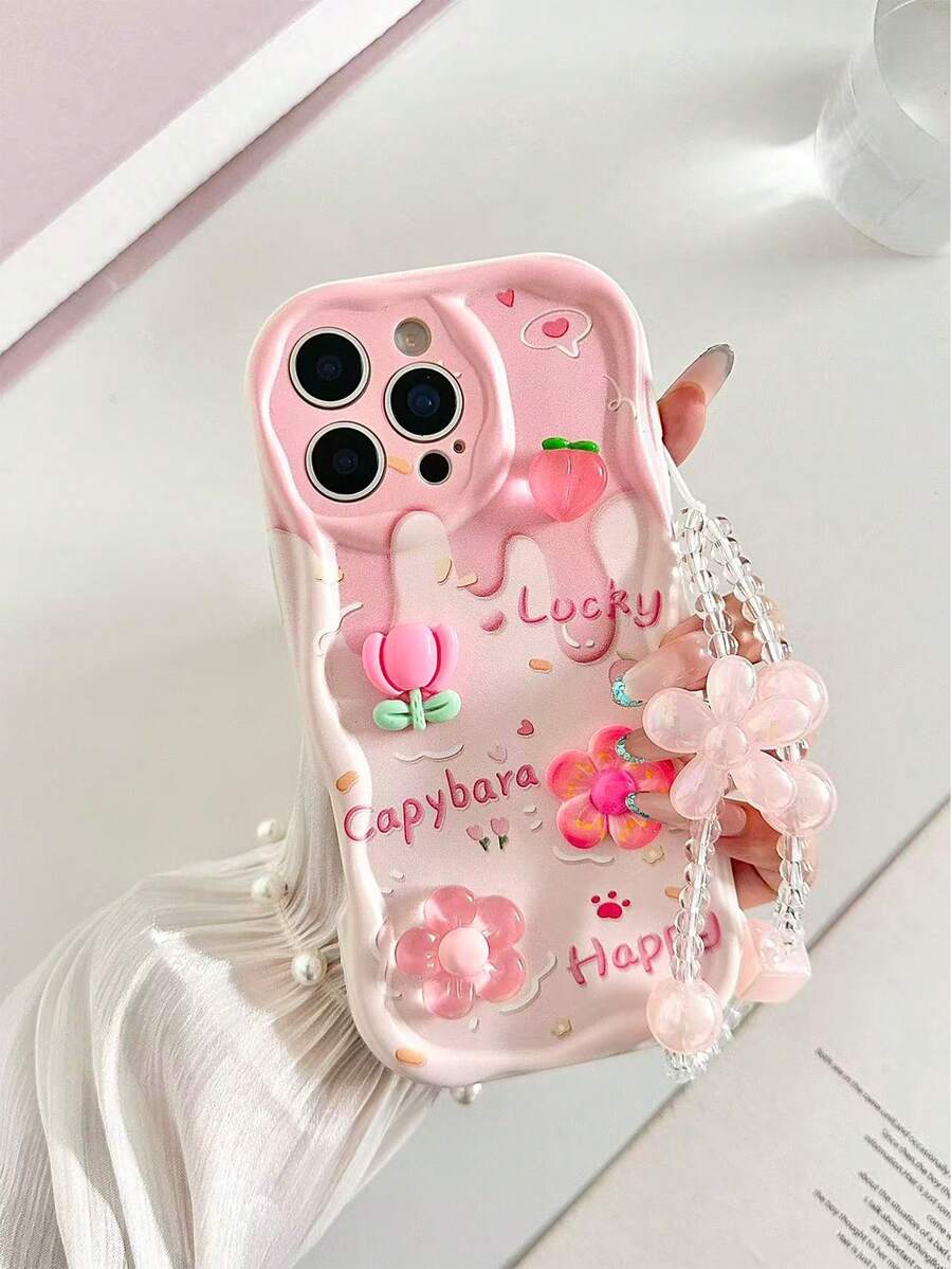 花卉裝飾手繪花朵手鍊奶油波浪印花保護手機殼,適用於 iPhone 17、17 Pro、17 Pro Max、16、16 Pro、15、15 Pro Max、13、14、11、12、XS、XR、7/8、7/8 Plus、SE2 - 彩色 - 查看 1