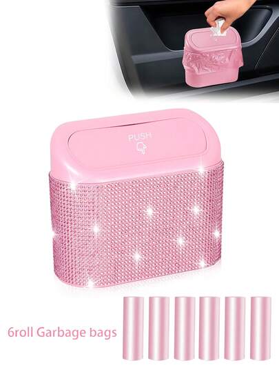 Shiny Pink Car Trash Can With Lid, Small Side-Mounted Garbage Storage Box, Includes 90 Trash Bags. Shiny Pink Car Trash Container. Sparkling Crystal Car Trash Can For Front And Rear Seats. Shiny Car Accessories Multifunctional Storage Box For Car, Home, Office (Pink Diamond)