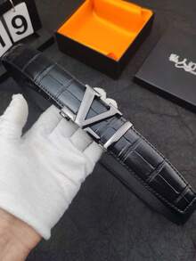 1 pièce Ceinture pour hommes avec boucle automatique en forme de V, grain d'alligator. Ceinture de robe décontractée de couleur unie pour usage décontracté, fête, voyage, longueur 120 cm - Noir - Voir 2
