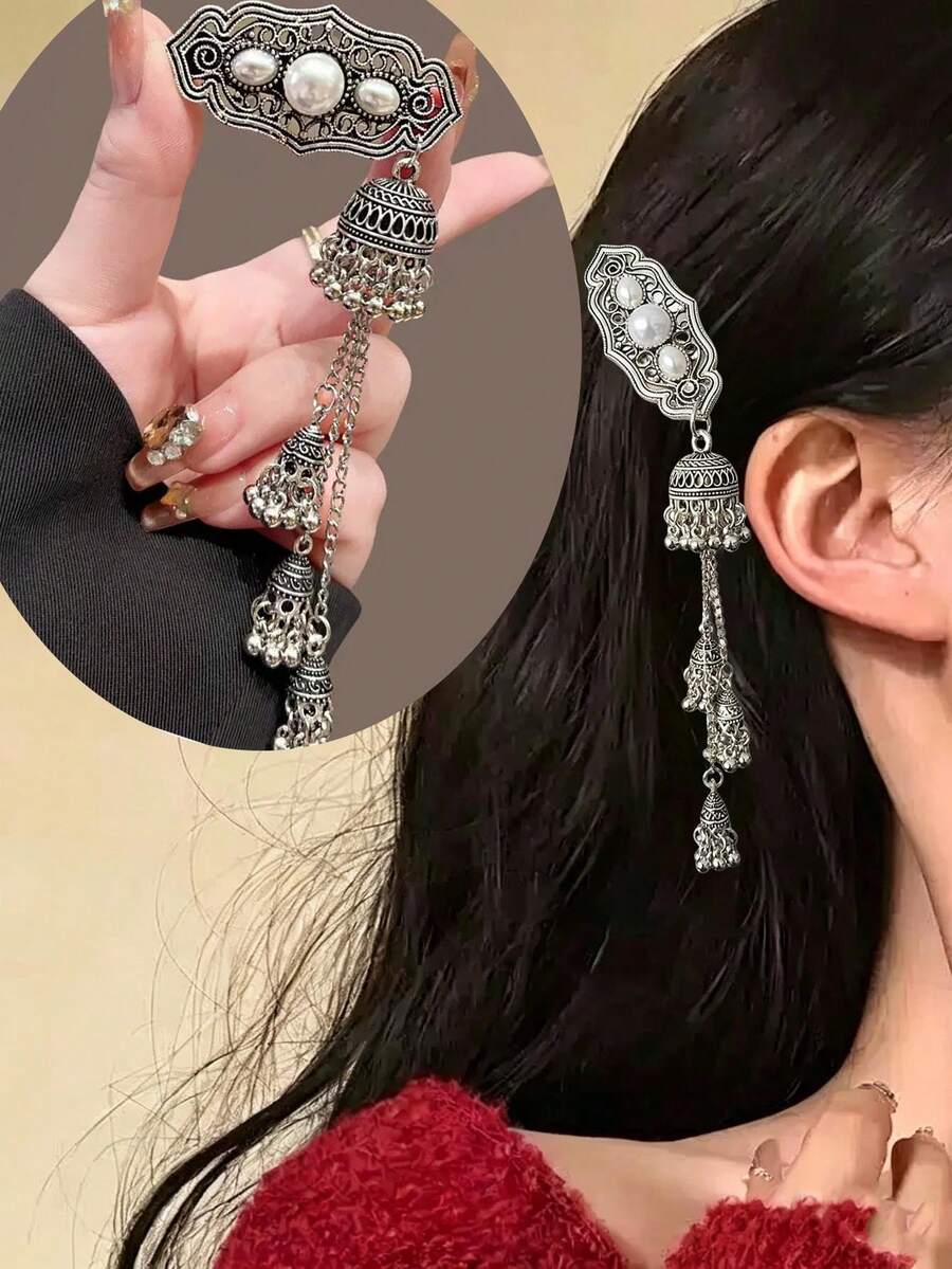 1个女士珍珠椭圆形流苏铃铛发夹,奢华侧边鸭嘴夹复古流苏铃铛发饰,爪夹 - 彩色 - 查看 1