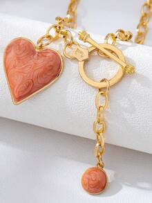 1pc Fashionable 3D Alloy Enamel Red Heart & Golden Water Drop Pendant Necklace - Orange - View 4