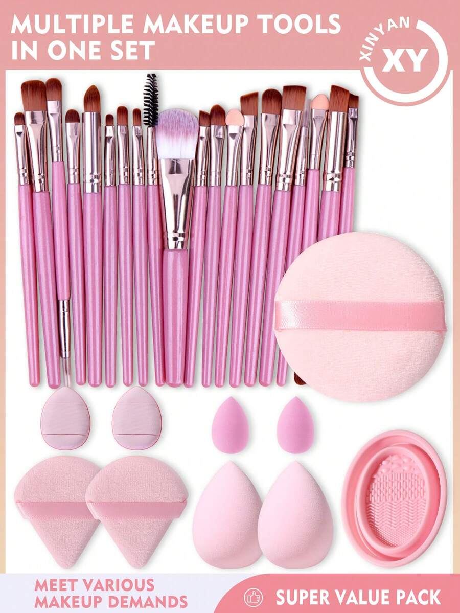 30件套化妆刷套装，专业粉色化妆刷套装，含4个化妆海绵、4个粉扑和1个刷子清洁器，超值全能化妆工具，适合女性日常及派对使用 - 彩色 - 查看 1