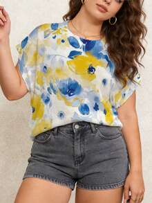 Plus Size Women Knit Sweater, Floral Print, Round Neck Sleeveless, Summer Beach Vacation - Multicolor - View 3