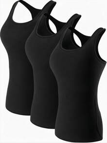 3pcs/Pack Spring/Summer Solid Color Racerback Sports Tank Tops For Women, High Elasticity Slim Fit Tight Yoga Fitness Basic Innerwear Outerwear Sleeveless Tank Tops - Black - View 1
