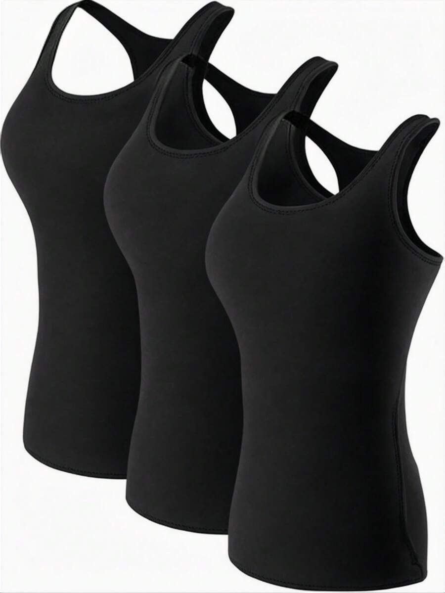 3pcs/Pack Spring/Summer Solid Color Racerback Sports Tank Tops For Women, High Elasticity Slim Fit Tight Yoga Fitness Basic Innerwear Outerwear Sleeveless Tank Tops - Black - View 1