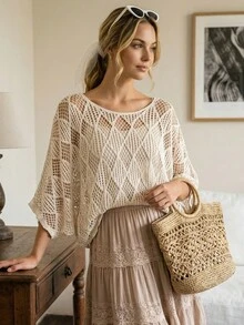 Áo kiểu Boho rộng rãi, tay lỡ khoét eo, thích hợp mặc đi biển cho nữ, trang phục nghỉ dưỡng phong cách Bohemian cho kỳ nghỉ. - Màu be - Xem 6