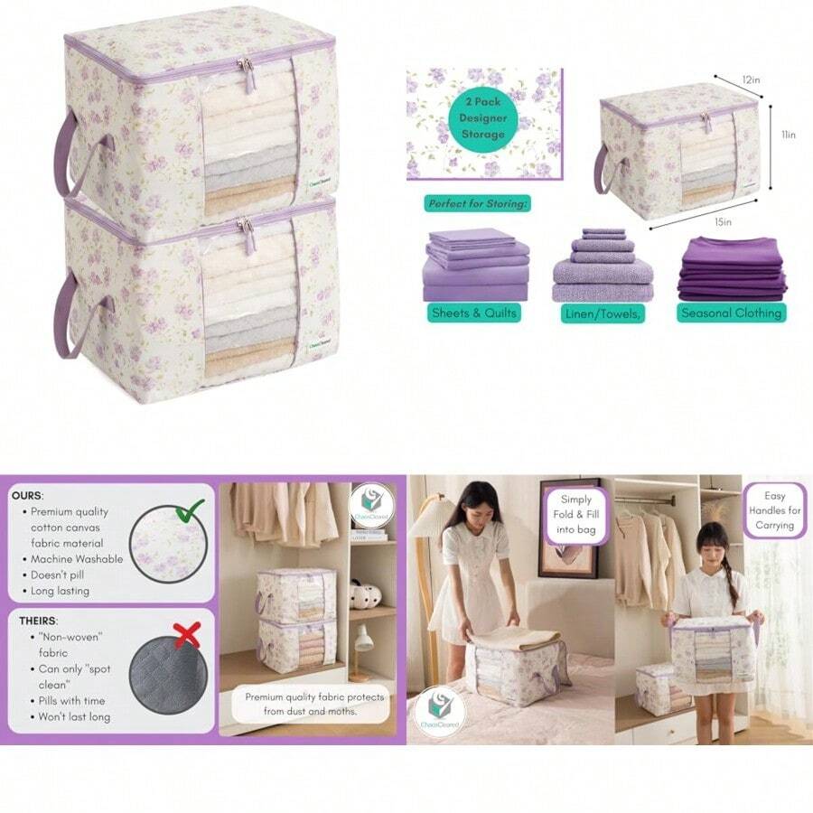 Bolsas de almacenamiento de lona paquete de 2 bolsas organizadoras de diseño para ropa suéteres ropa ropa edredón ropa de cama organizadores plegables grandes con cierre y ventana ahorro de - Morado - Ver 1