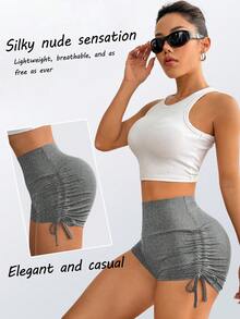 1pc Double-Sided Adjustable Drawstring Yoga Shorts, Heather Gray High Elasticity Tummy Control Butt Lift, All-Season Daily Home Wear Anti-Exposure Innerwear Can Be Worn As Outerwear Tight Fitting Safety Pants - Grey - View 6