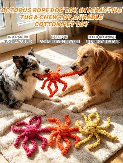 1pc Cute Octopus Shaped Dog Chew Rope Toy. The Woven Rope Texture Can Help Clean The Dog's Teeth While Chewing. Suitable For Small And Medium Dogs For Teeth Grinding, Interactive Play, Relieving Gum Discomfort, Keeping Entertained When Alone, Reducing Separation Anxiety And Destructive Chewing. This Is A Pet Product, Dog Chew Toy, Dog Teeth Grinding Toy And Interactive Tug Toy.