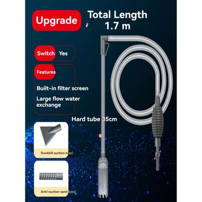 1.7MA Máy thay nước bể cá, hút chân không làm sạch sỏi, ống hút nước bể cá thủ công, có công tắc, lưới lọc tích hợp, đầu hút mỏ vịt, đầu hút chống hút cát, trao đổi nước lưu lượng lớn, loại bỏ chất thải của cá, dụng cụ bảo dưỡng bể cá