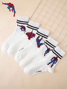 5 Pairs Men's Marvel Spider-Man Striped Pattern Mid-Calf Socks, Sports Socks, All Season, European & American Size, Comfortable Breathable Durable, Vibrant Colors, Suitable For Daily Wear, Premium Fabric, Non-Sweaty - Multicolor - View 1