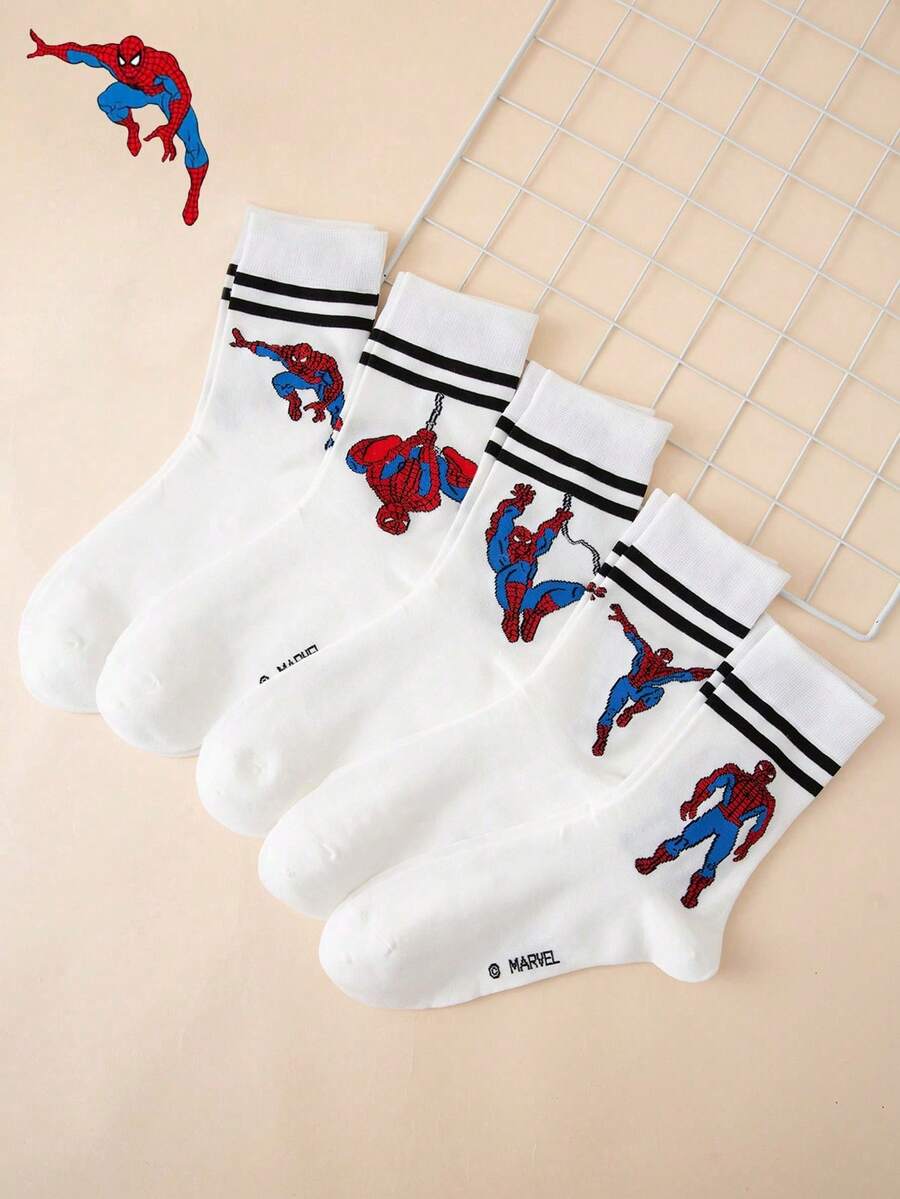 5 Pairs Men's Marvel Spider-Man Striped Pattern Mid-Calf Socks, Sports Socks, All Season, European & American Size, Comfortable Breathable Durable, Vibrant Colors, Suitable For Daily Wear, Premium Fabric, Non-Sweaty - Multicolor - View 1