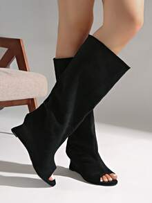 2025新款小猫跟褶皱过膝长靴，尖头复古高筒骑马靴 - 黑色 - 查看 4