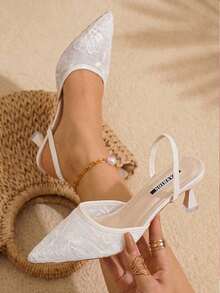 planare Women's Fashionable Summer Elegant Breathable Mesh Embroidered Stiletto Slip-On Backstrap Beige Sandals, Suitable For Daily Commute, Dates, Weddings - Beige - View 2