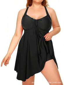 2026 New Arrival Plus Size Women's Tropical Print Halter One Piece Swimdress, Tummy Control Ruched Bathing Suit With Skirt, Summer Beach Vacation Swimwear - 黑色 - 查看 12