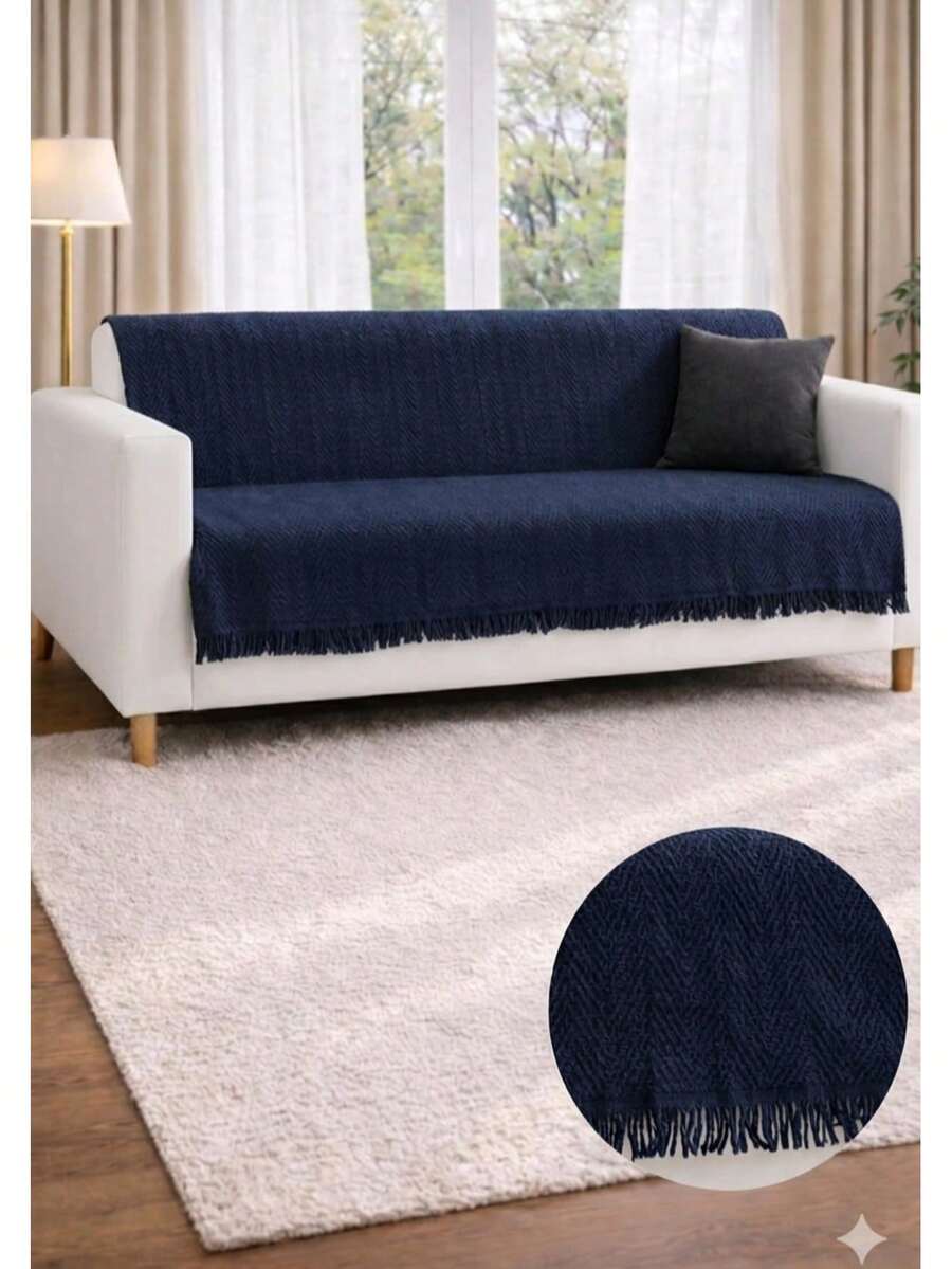Non-Slip Tassel Sofa Cover – 100% Cotton – 170*200 Cm – Soft And Comfortable, Made In Türkiye - Navy Blue - View 1