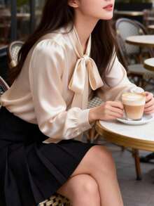 Camisa casual de manga larga de satén blanco elegante para mujer, blusa versátil para ir al trabajo con detalle de cuello con lazo - unicolor apto para todas las estaciones, lavable a máquina, no transparente, tela suave y transpirable, textura de satén refinada, corbata de unicolor para la oficina y uso diario en primavera - Albaricoque - Ver 5