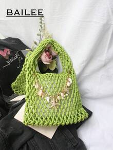 BAILEE Bolso de mano de patrón tejido a mano con hilo de poliéster colorido y colgante de océano, adecuado para vacaciones - verde menta - Ver 3