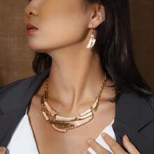 [Elegant Geometric Jewelry Set] KC Golden Plated Women's Jewelry Set - Elegant Geometric Link Necklace & Earrings, Vintage Bohemian Style, Daily Wear Or Parties, All-Season Accessory - 綠色 - 查看 4