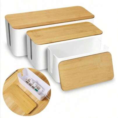 1 hộp đựng dây cáp bằng tre và gỗ, hộp lưu trữ cáp dữ liệu, hộp quản lý dây nguồn, hộp phân loại, hộp đựng dây ổ cắm và dây máy tính, hộp đựng phích cắm.