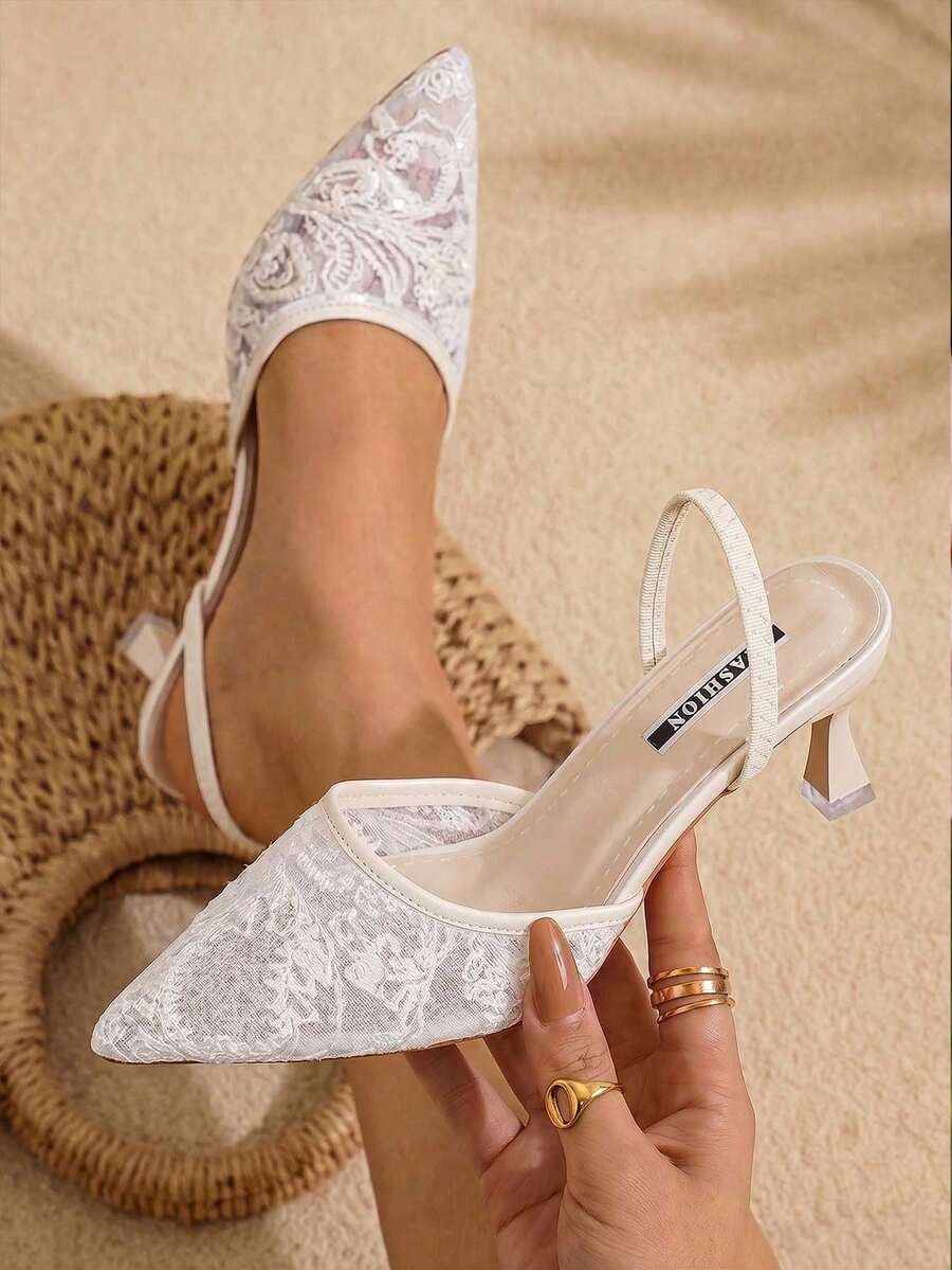 planare Women's Fashionable Summer Elegant Breathable Mesh Embroidered Stiletto Slip-On Backstrap Beige Sandals, Suitable For Daily Commute, Dates, Weddings - Beige - View 1