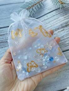 40 Stück kleine weiße & goldene Schmetterling Deko transparente Organza Zugbeutel, Muster mit goldenen Schmetterling- & Blumenmuster, geeignet für Schmuck, Party Geschenke - A - Übersicht 2