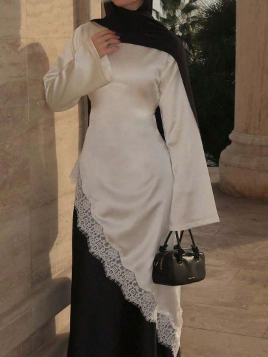 Modest Muslim Lace Patchwork Satin Asymmetric Long Sleeve Dress, Elegant Round Neck Lantern Sleeve Design, Tie Waist Asymmetrical Hem Slimming Office Shirt Spring - 白色 - 查看 1