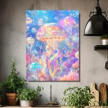 Art de Lienzo de Medusas Arcoíris Caprichoso [Belleza Soñadora] - Decoración de Pared Vibrante y Colorida con Marco de Madera, Calidad HD, Listo para Colgar en Sala de Estar, Dormitorio, Oficina en Casa, Decoraciones de Medusas - Enmarcado - Ver 4