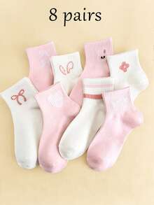 8/4 Pairs Spring Summer Autumn Breathable White Pink Girls Ankle Socks, Cute Rabbit Bow Design Casual Sports Socks - Multicolor - View 1