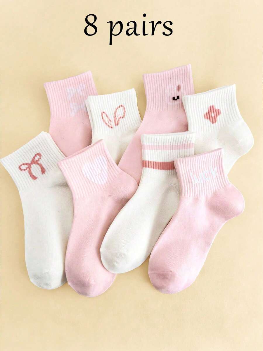 8/4 Pairs Spring Summer Autumn Breathable White Pink Girls Ankle Socks, Cute Rabbit Bow Design Casual Sports Socks - Multicolor - View 1