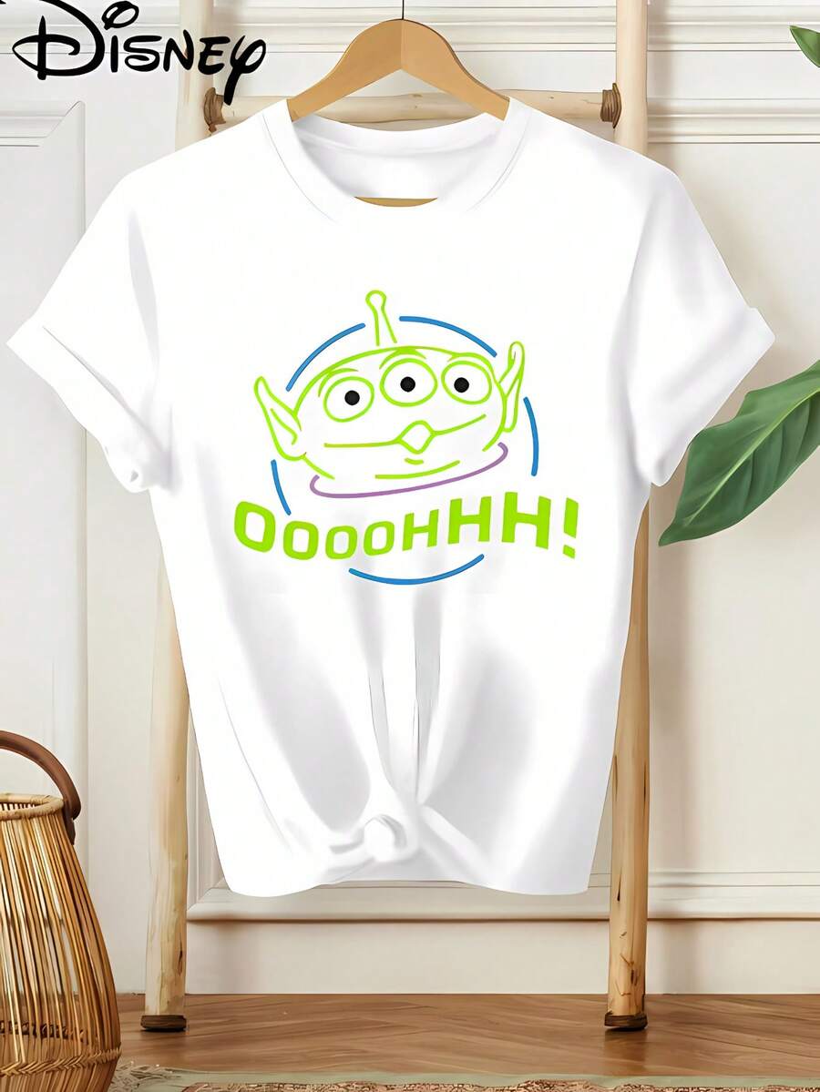 Disney Toy Story Alien Print T-Shirt With Exaggerated Alien Expression And "OOOOHHH" Text Below - Disney Summer New Short Sleeve Top, Women's Casual Fashion Print Tee, Elegant Women's Clothing - 白色 - 查看 1