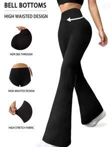 Women's High-Waisted Flared Pants, Jogging Pants, Fitness Yoga Pants, Casual Loungewear, Elastic Waistband, Suitable For Sports And Everyday Wear, Suitable For All Seasons. - màu đen - Xem 3
