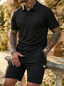 Men's Summer Casual Short Sleeve Polo Shirt And Shorts 2 Pieces Set, Suitable For Daily Leisure And Vacation Wear - Black - View 1