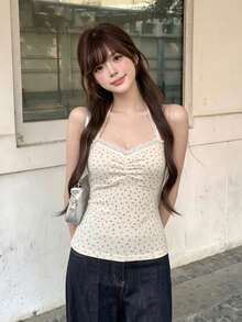 夏季蕾丝边碎花露背修身吊带背心 - 杏色 - 查看 3