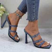 Women's Denim Slip-On Sandals With Buckle Strap - Denim - View 17
