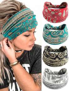 4pcs Bohemian Retro Style Big Floral Pattern Wide Headbands, Sweat-Absorbent Sports Headbands For Women, Yoga Running,Festival,Party - Multicolor - View 4