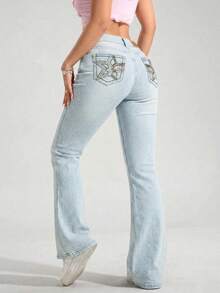 Flattering Flared Denim Pants With Decorative Pockets For A Unique Look. - Sky Blue LMKF82010guion1 - View 5