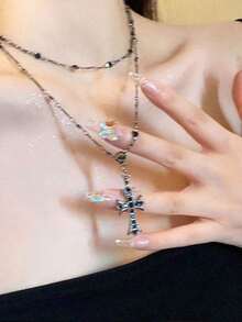 European & American Style Cross Pendant Choker Necklace, Edgy & Sweet Goth Chic Multi-Layer Tassel Long Necklace, Sweater Chain For Women - 彩色 - 查看 7