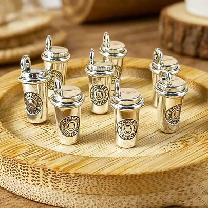 10个复古镀银咖啡杯造型吊坠，DIY手链项链钥匙扣饰品配件，咖啡爱好者礼物