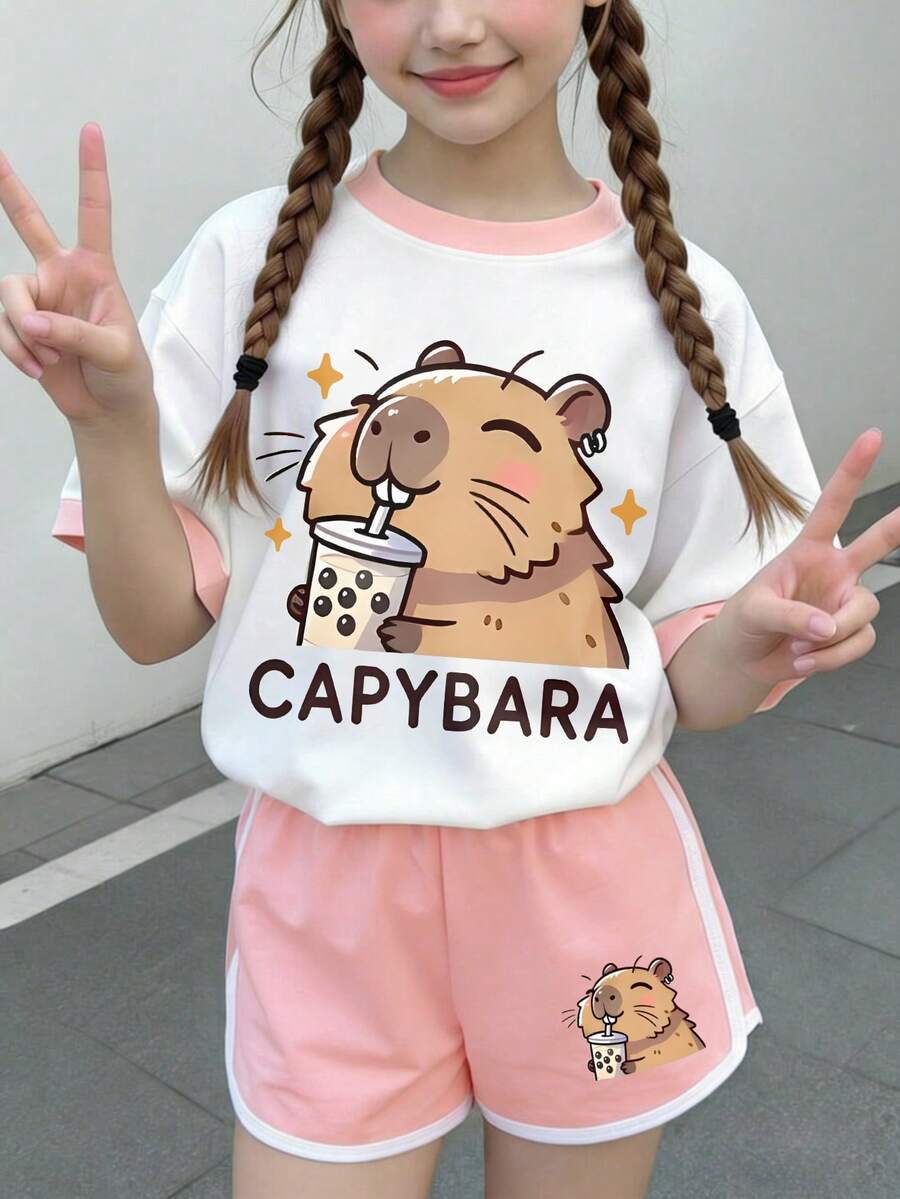 2pcs/Set Girls Capybara Pattern Outfit, Cute Bubble Tea Print Top With Pink Shorts, Soft Comfortable Cute Summer Girls Clothing - Pink - View 1