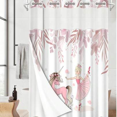 1 chiếc rèm tắm hình vũ công ba lê và kỳ lân, rèm tắm bằng polyester chống thấm nước in hình vũ công màu hồng, có lớp lót, phần trên trong suốt, thiết kế dễ tháo lắp và vệ sinh, không cần móc treo, thích hợp để trang trí phòng tắm và nhà cửa.