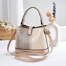优雅漆皮鳄鱼纹手提包，时尚春夏单肩斜挎包，大容量通勤水桶包，送给妈妈的礼物，约会礼物，四季皆宜 - 卡其色 - 查看 4