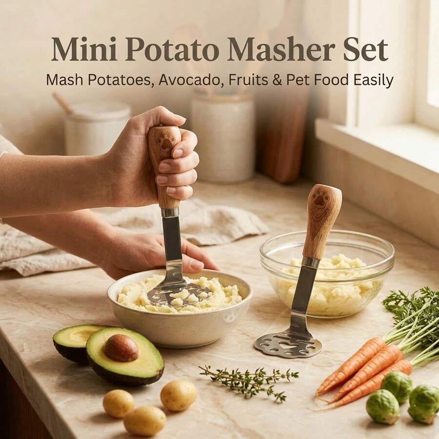 2件套迷你土豆泥压泥器，立式土豆泥压泥器，不锈钢土豆压泥器，木质防滑手柄，小型食物压泥器，自制婴儿辅食工具，适用于土豆、豆类、蔬菜、水果和湿宠物食品。厨房小工具 - 彩色 - 查看 1