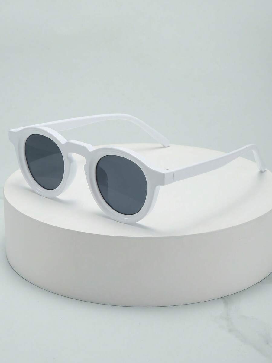 1pc Unisex Retro Round Small Frame Personalized Minimalist Fashion Glasses, Suitable For Party, Travel, Beach, Daily Wear - White Frame Black and Gray - View 1
