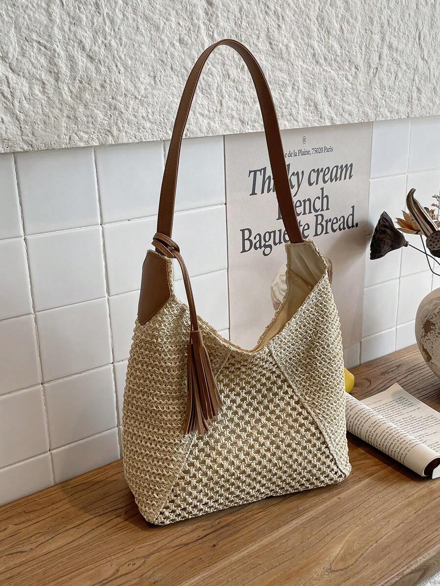 Túi đeo vai bằng rơm hai tông màu phong cách Boho mới về, túi xách đi biển thường ngày có tua rua. - trắng - Xem 1