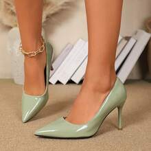Elegant Women's Pointed Toe High Heels, Solid Color Stilettos, Comfortable Glossy PU Upper, Durable TPR Outsole, Polyurethane Lining And Insole, Classic Work Shoes Suitable For All Seasons - Mint Green - View 13