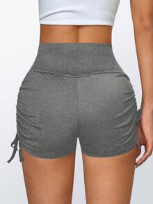 1pc Double-Sided Adjustable Drawstring Yoga Shorts, Heather Gray High Elasticity Tummy Control Butt Lift, All-Season Daily Home Wear Anti-Exposure Innerwear Can Be Worn As Outerwear Tight Fitting Safety Pants - Grey - View 3