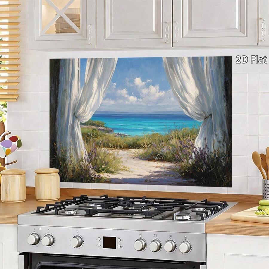 1pc PVC Seascape Wall Sticker - Glossy Coastal Landscape Window Film, Suitable For Modern Kitchen, Easy Peel And Stick Design, Durable Removable Seascape Window Decor, 2D Flat Design - Style 1 - View 1