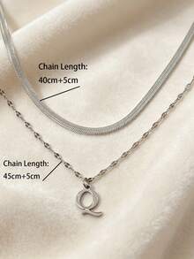 两件套简约不锈钢字母项链人字纹项链唇链叠戴项链，女士款 - 銀色 - 查看 6